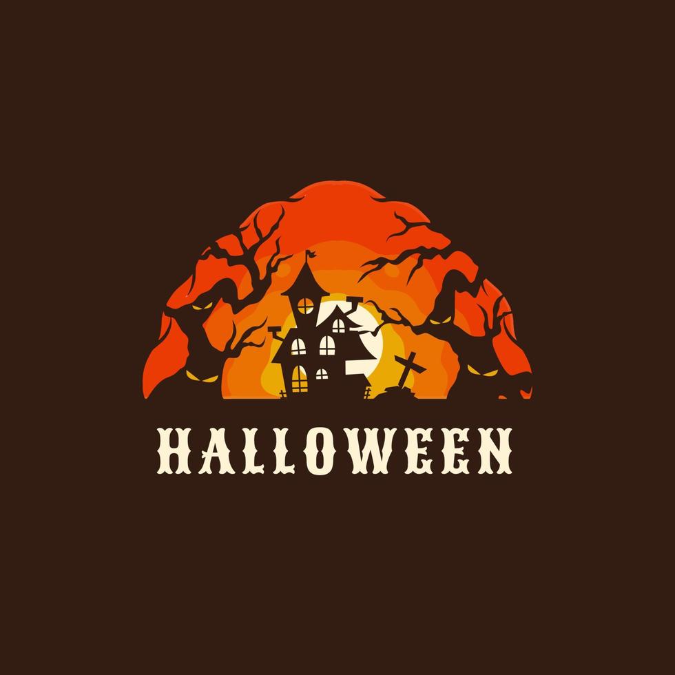 huis en droog boom halloween spookachtig logo ontwerp sjabloon vector