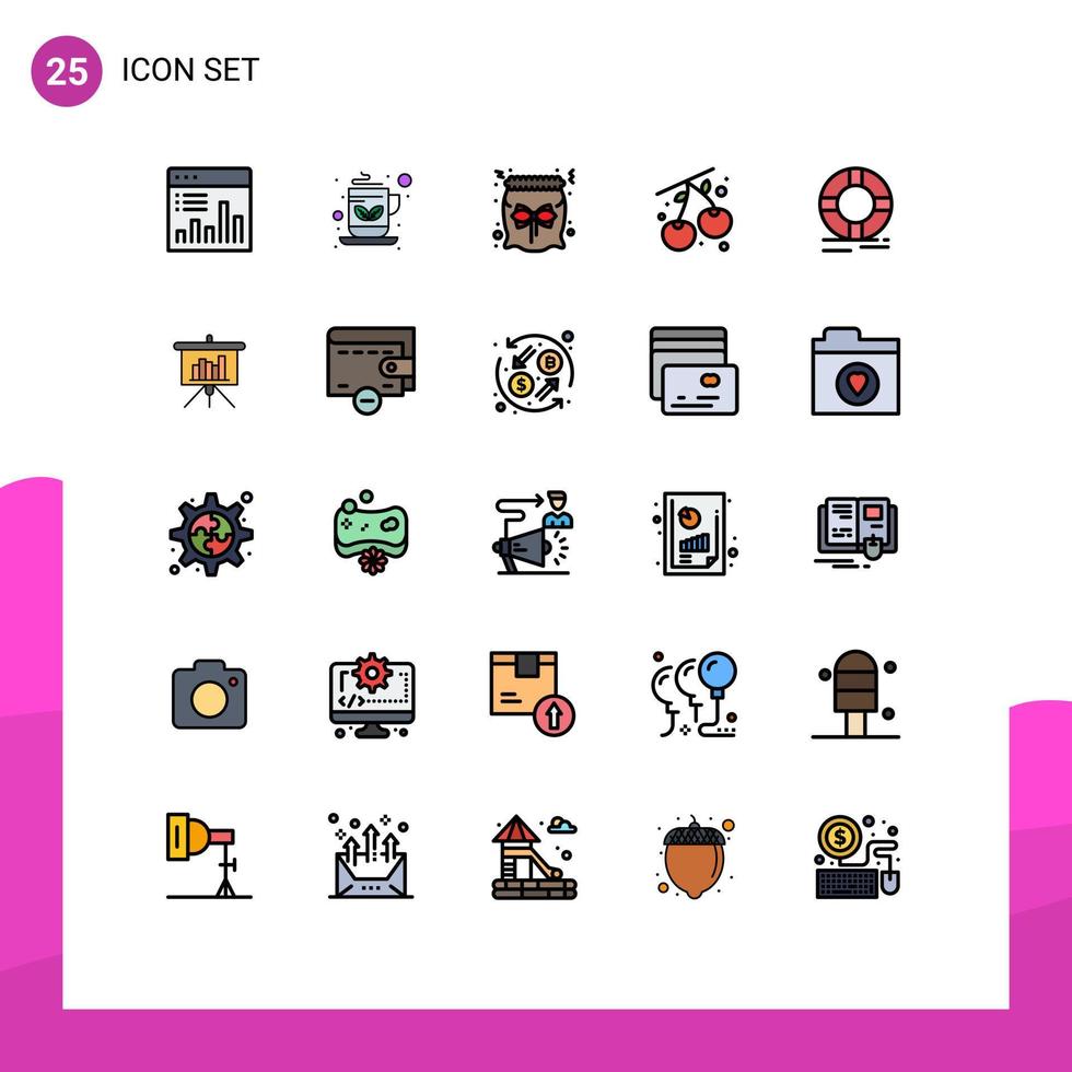 mobiel koppel gevulde lijn vlak kleur reeks van 25 pictogrammen van helpen voedsel groen thee kers geschenk bewerkbare vector ontwerp elementen