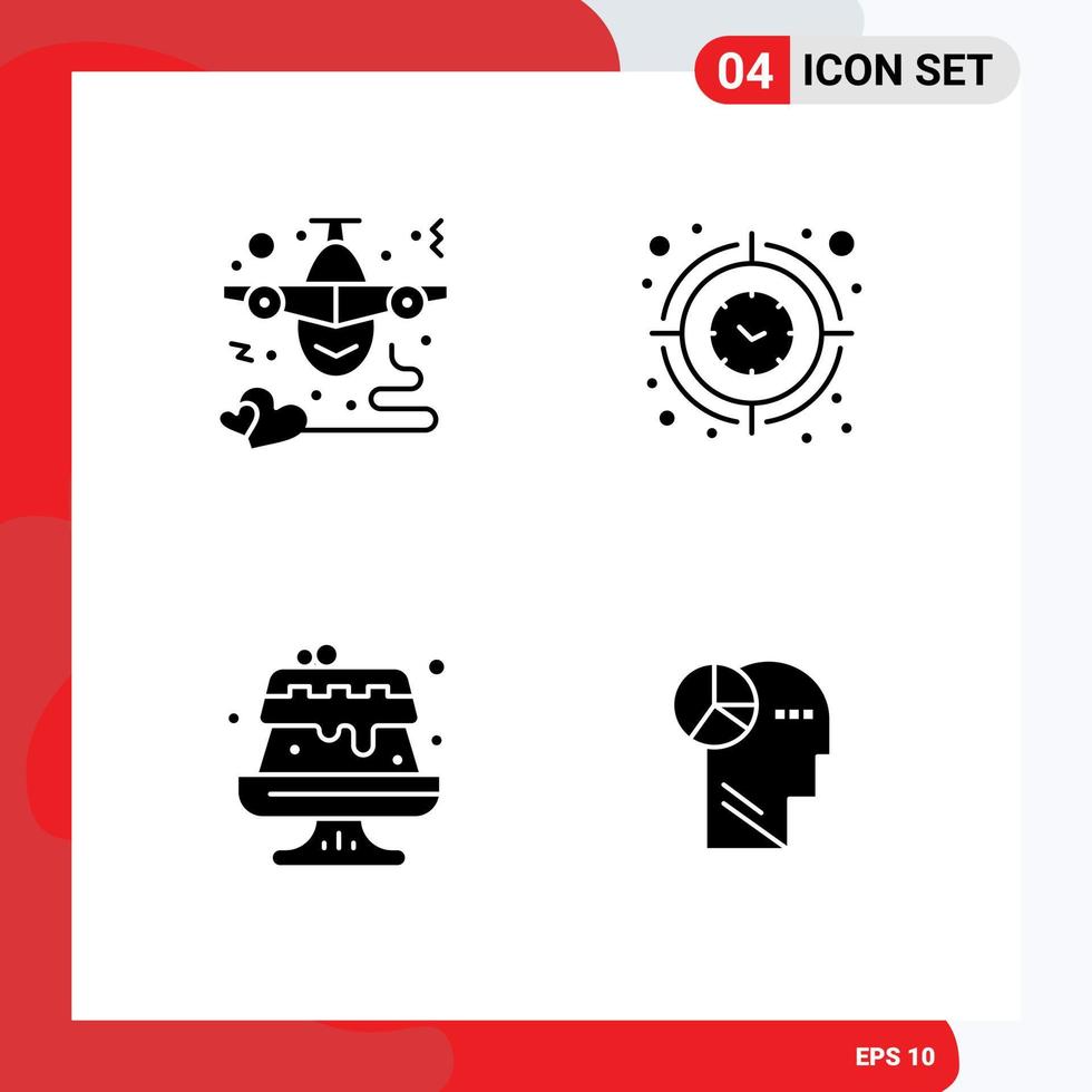 modern reeks van 4 solide glyphs pictogram van vliegtuig timer hart focus zoet bewerkbare vector ontwerp elementen