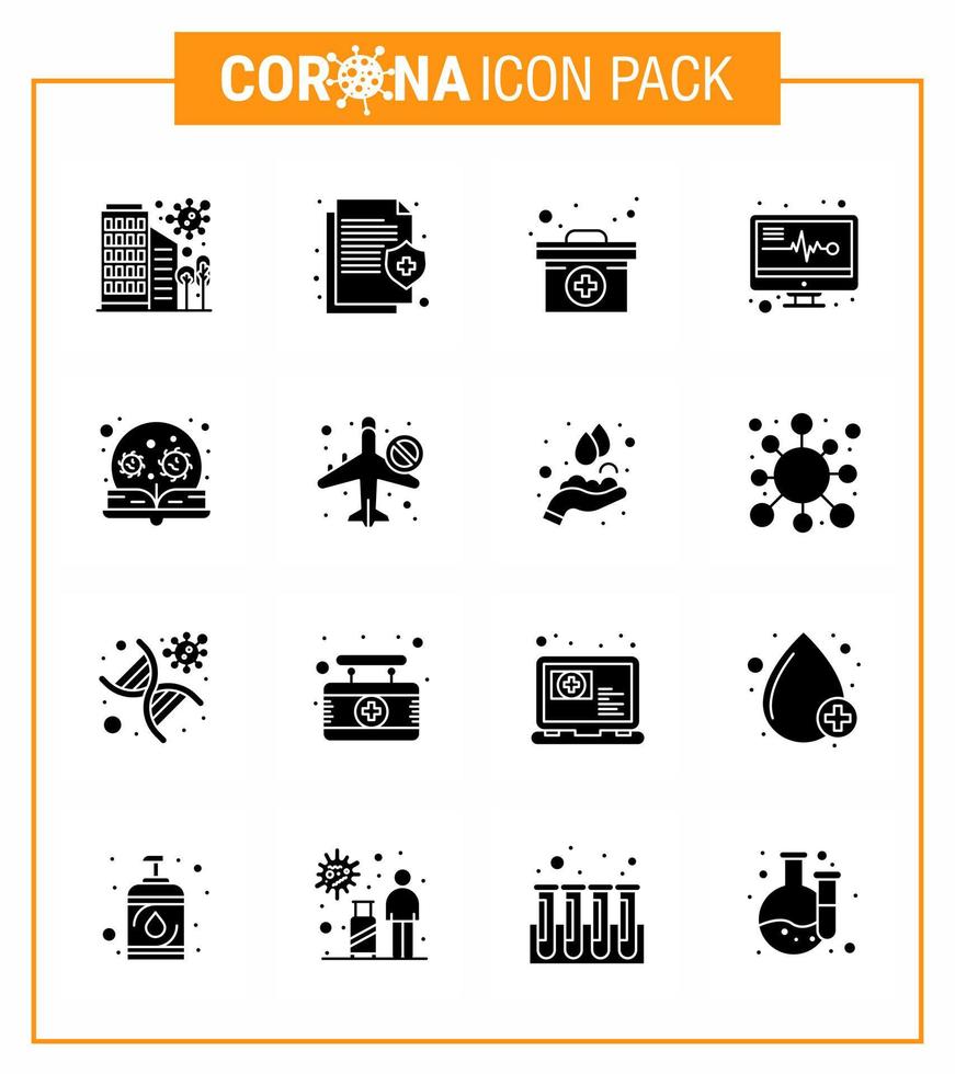 16 solide glyph zwart coronavirus ziekte en het voorkomen vector icoon rapporten medisch elektronica verzekering geneeskunde medisch virale coronavirus 2019november ziekte vector ontwerp elementen