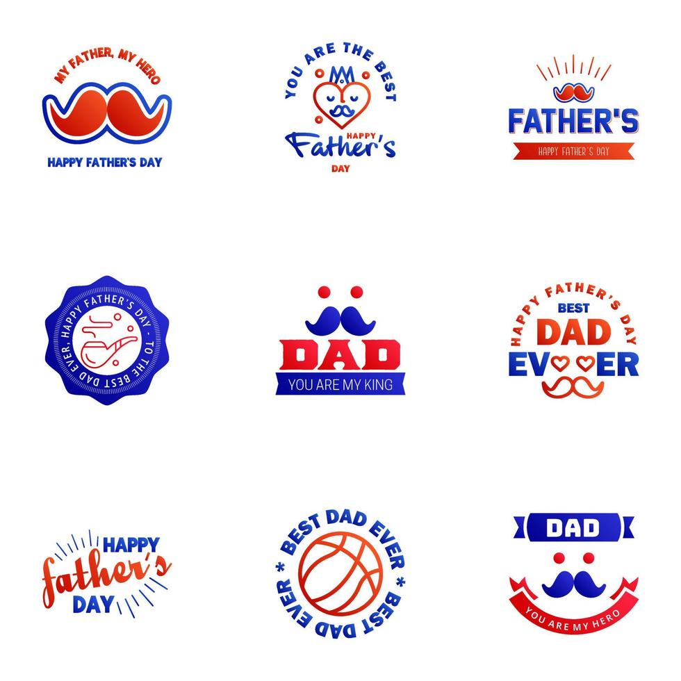 vaders dag belettering 9 blauw en rood kalligrafische emblemen badges reeks geïsoleerd Aan donker blauw gelukkig vaders dag het beste vader liefde u vader opschrift vector ontwerp elementen voor groet kaart en andere