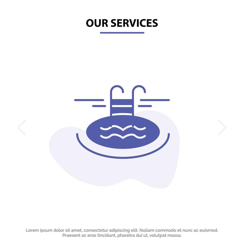onze Diensten zwemmen zwembad hotel serveert solide glyph icoon web kaart sjabloon vector