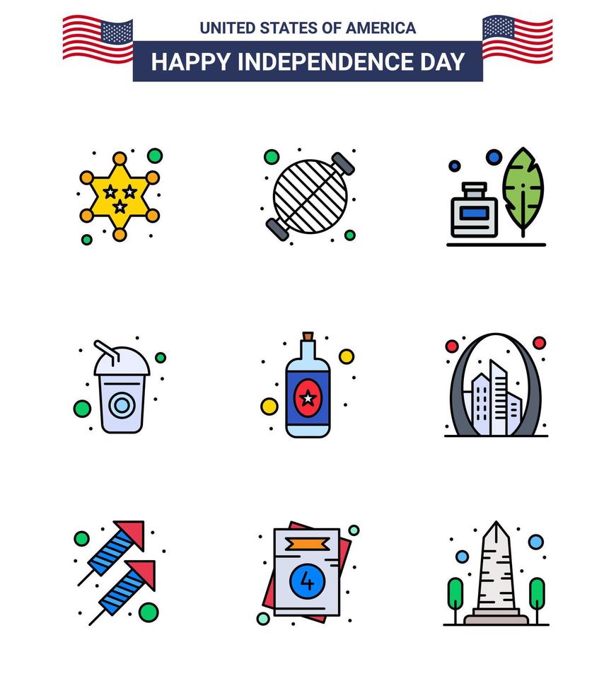 gelukkig onafhankelijkheid dag 4e juli reeks van 9 vlak gevulde lijnen Amerikaans pictogram van alcohol drinken partij cola Amerikaans bewerkbare Verenigde Staten van Amerika dag vector ontwerp elementen