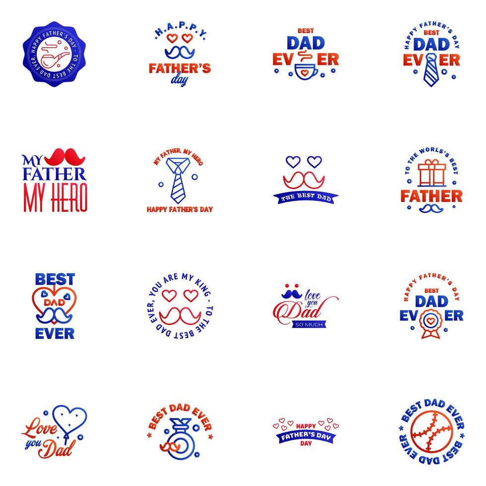 gelukkig vaders dag groet hand- belettering badges 16 blauw en rood typfout geïsoleerd Aan wit typografie ontwerp sjabloon voor poster banier geschenk kaart t overhemd afdrukken etiket sticker retro wijnoogst stijl v vector