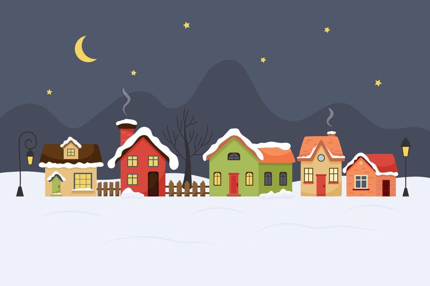 winter huizen. vlak reeks van huizen in de sneeuw, een winter landschap, een winter dorp, de maan is in de lucht, een sterrenhemel lucht, lichten zijn Aan in de ramen, straat lichten zijn Aan, Kerstmis humeur vector