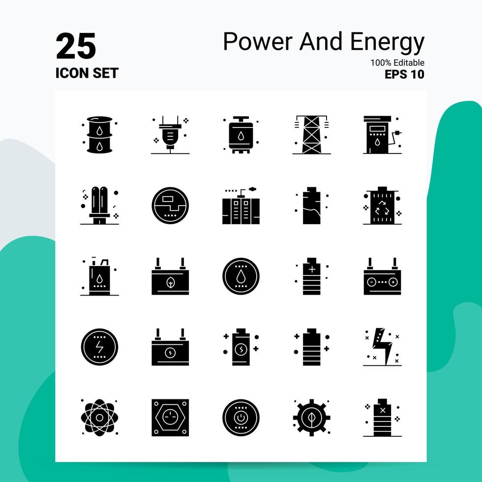 25 macht en energie icoon reeks 100 bewerkbare eps 10 bestanden bedrijf logo concept ideeën solide glyph icoon ontwerp vector