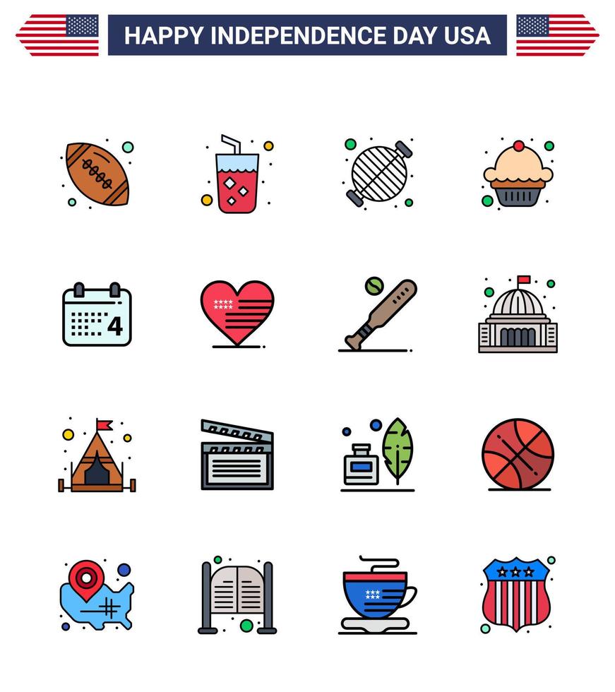 gelukkig onafhankelijkheid dag 16 vlak gevulde lijnen icoon pak voor web en afdrukken dag muffin voedsel toetje partij bewerkbare Verenigde Staten van Amerika dag vector ontwerp elementen