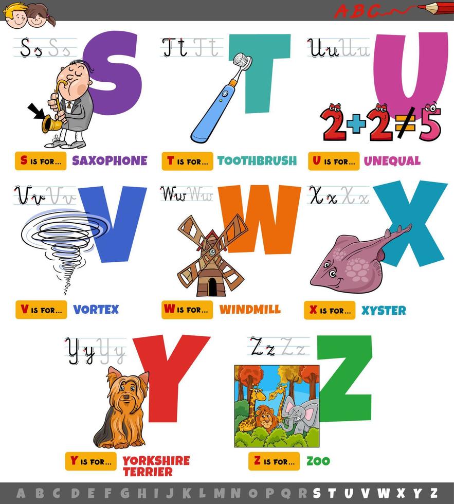 educatieve cartoon Alfabetletters voor kinderen van s tot z vector