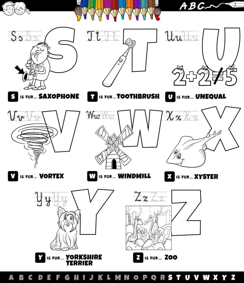 educatieve cartoon alfabet ingesteld van s tot z kleurboekpagina vector