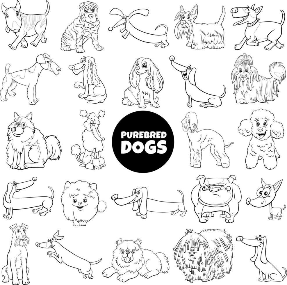 zwart en wit tekenfilm rasecht honden en puppy's tekens reeks vector