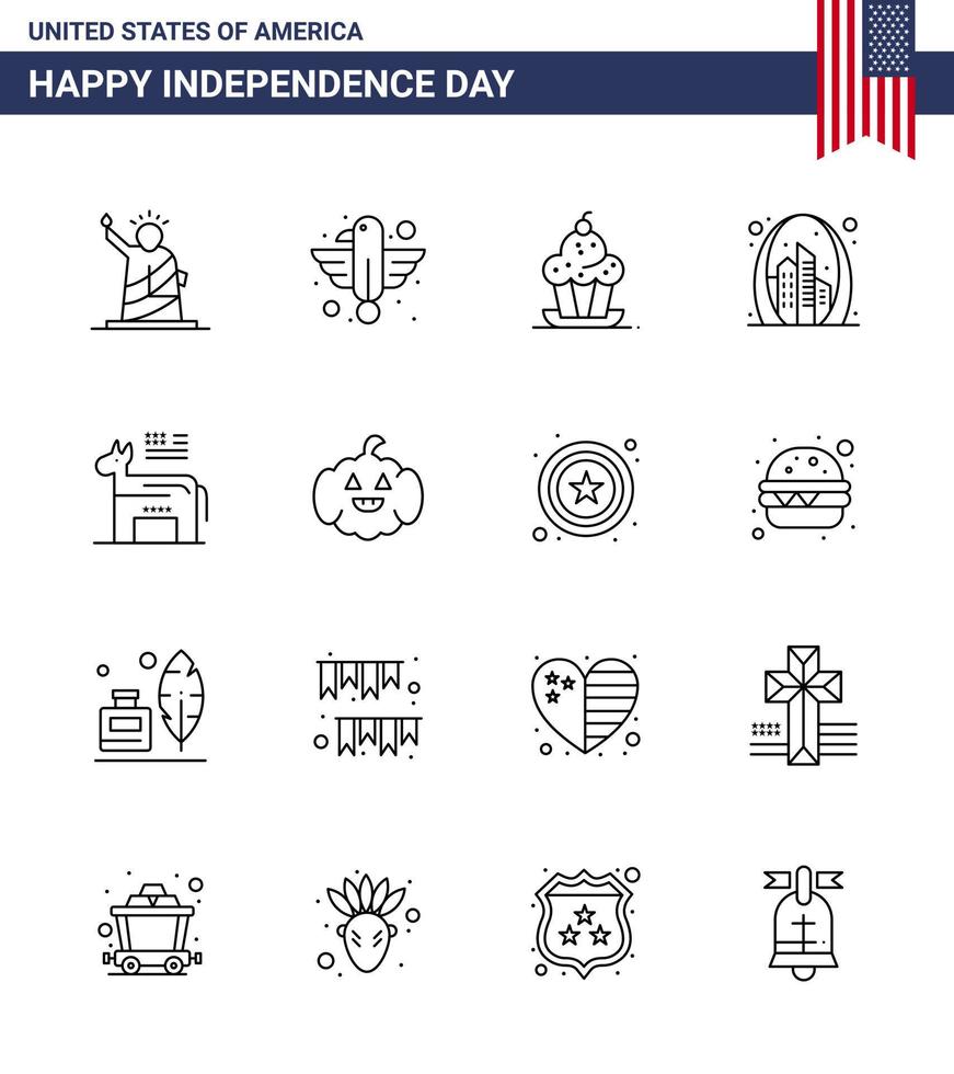 gelukkig onafhankelijkheid dag 4e juli reeks van 16 lijnen Amerikaans pictogram van poort boog adelaar dankzegging muffin bewerkbare Verenigde Staten van Amerika dag vector ontwerp elementen