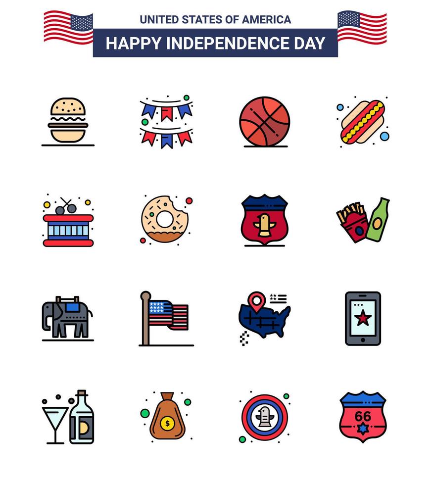 gelukkig onafhankelijkheid dag pak van 16 vlak gevulde lijnen tekens en symbolen voor instrument staten slinger hotdog Verenigde Staten van Amerika bewerkbare Verenigde Staten van Amerika dag vector ontwerp elementen