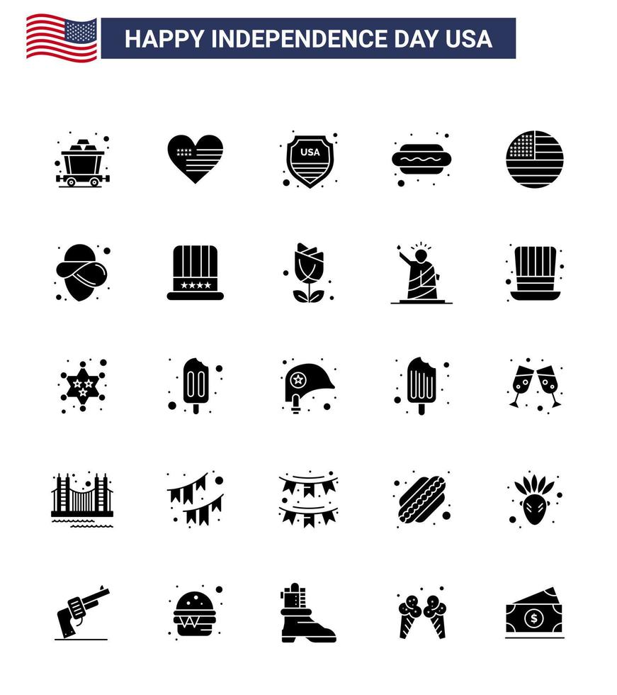 reeks van 25 modern solide glyph pak Aan Verenigde Staten van Amerika onafhankelijkheid dag dankzegging Amerikaans schild heet ik hond bewerkbare Verenigde Staten van Amerika dag vector ontwerp elementen