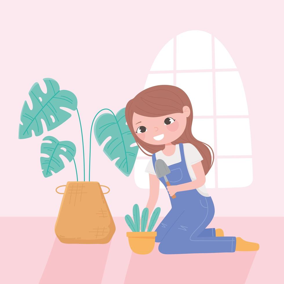 huis tuinieren concept met meisje en potplanten vector