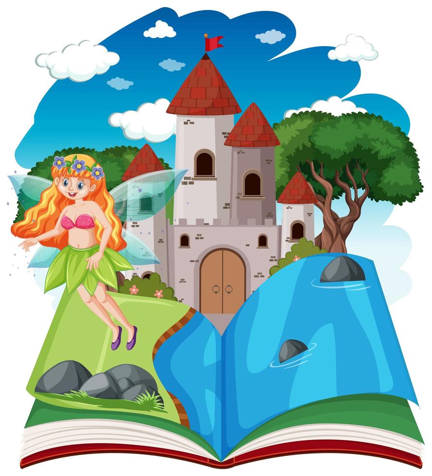 sprookjes en kasteeltoren op pop-up boek cartoon stijl op witte achtergrond vector