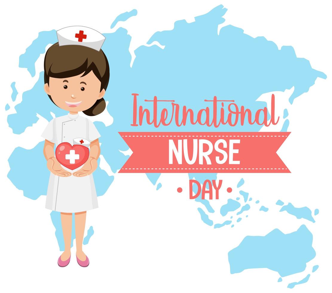 internationale verpleegster dag logo met schattige verpleegster op kaart achtergrond vector