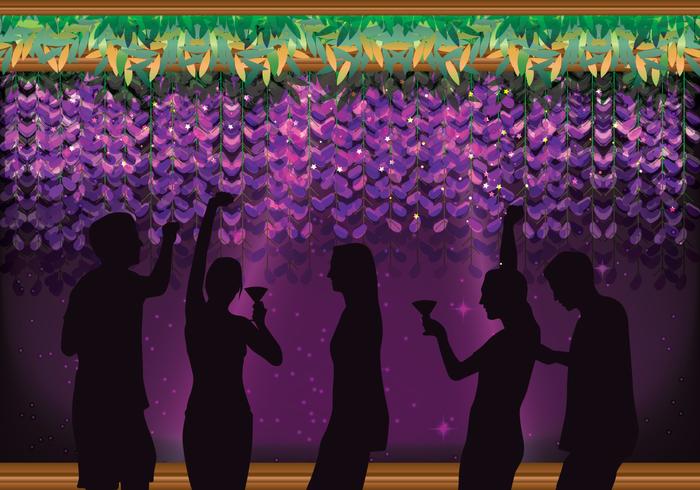 Party Mensen Met Een Bloemen Wisteria Achtergrond Vector