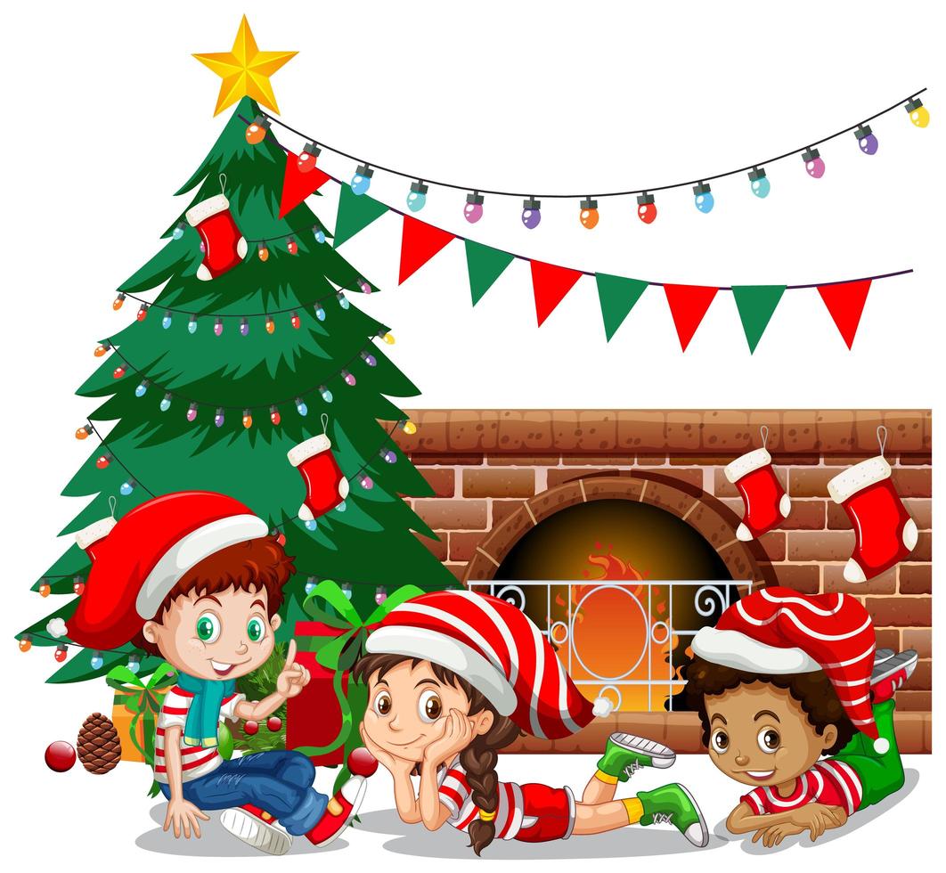 kinderen dragen het stripfiguur van het kerstkostuum op een witte achtergrond vector