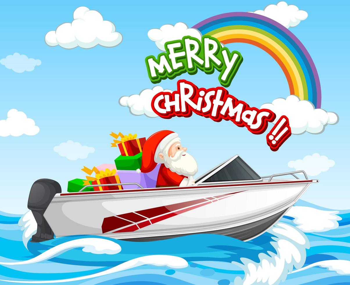 drijvende speedboot van de kerstman in de zeescène met merry christmas-lettertype vector