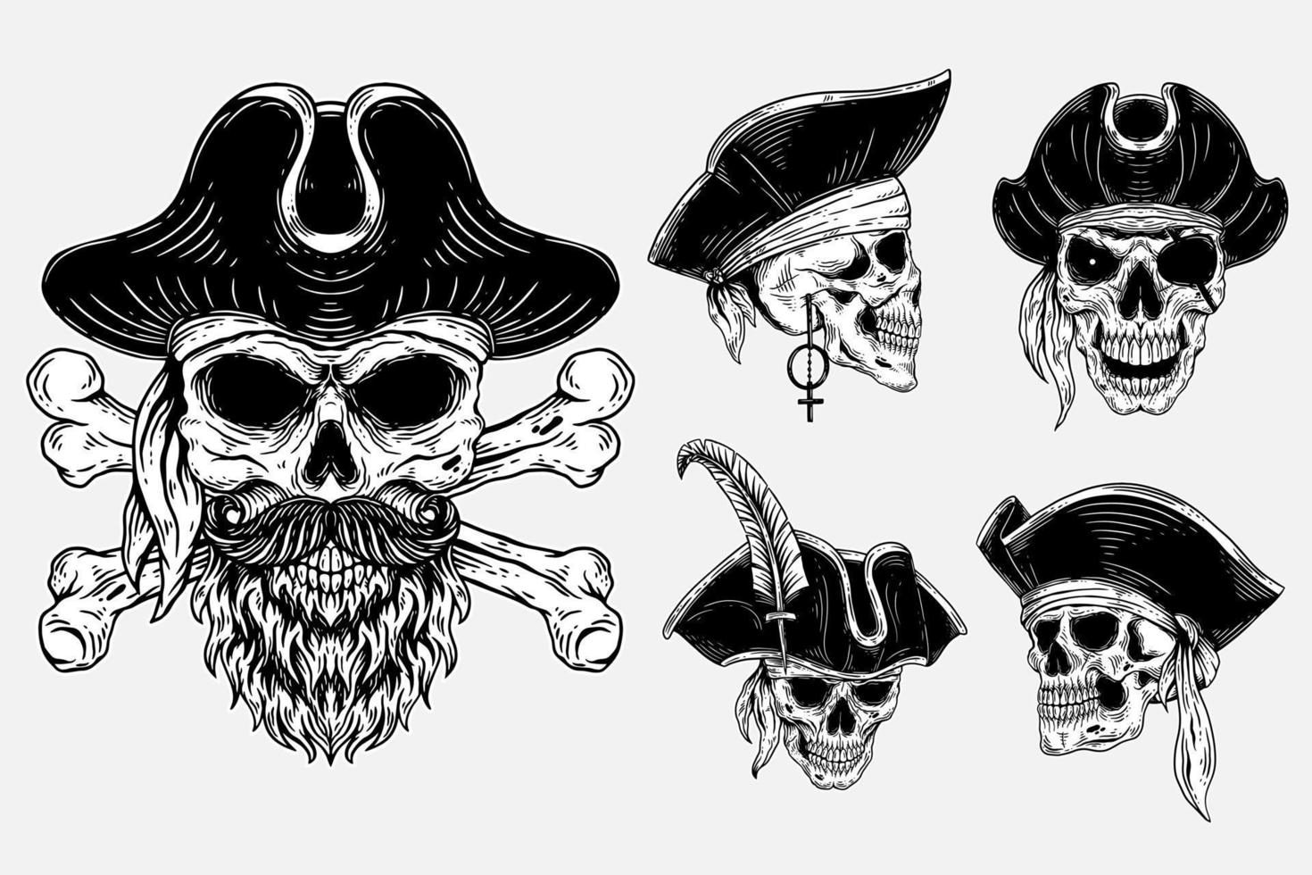 reeks bundel donker kunst schedel piraten gezagvoerder skelet wijnoogst illustratie voor kleding kleding vector