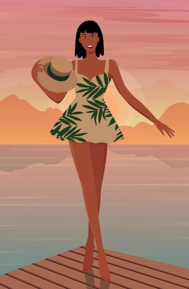 digitaal illustratie van een mooi meisje model- resting Aan vakantie poseren tegen de backdrop van een helder zonsondergang in een mooi jurk en hoed vector