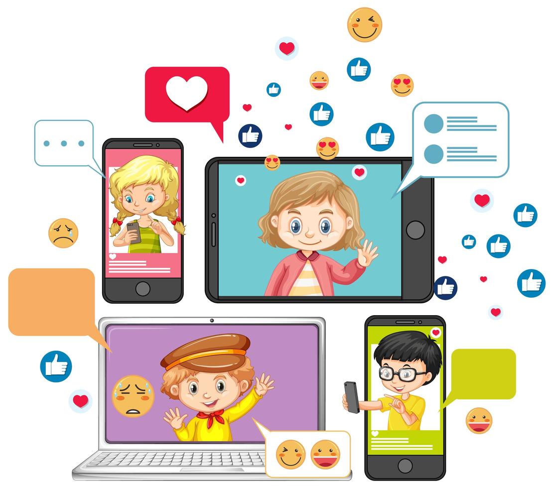 laptop en smartphone of leermiddelen met sociale media emoji cartoon pictogramstijl geïsoleerd op een witte achtergrond vector