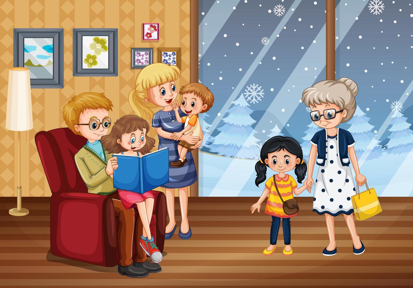 gelukkige familie bij het huis in de winter vector
