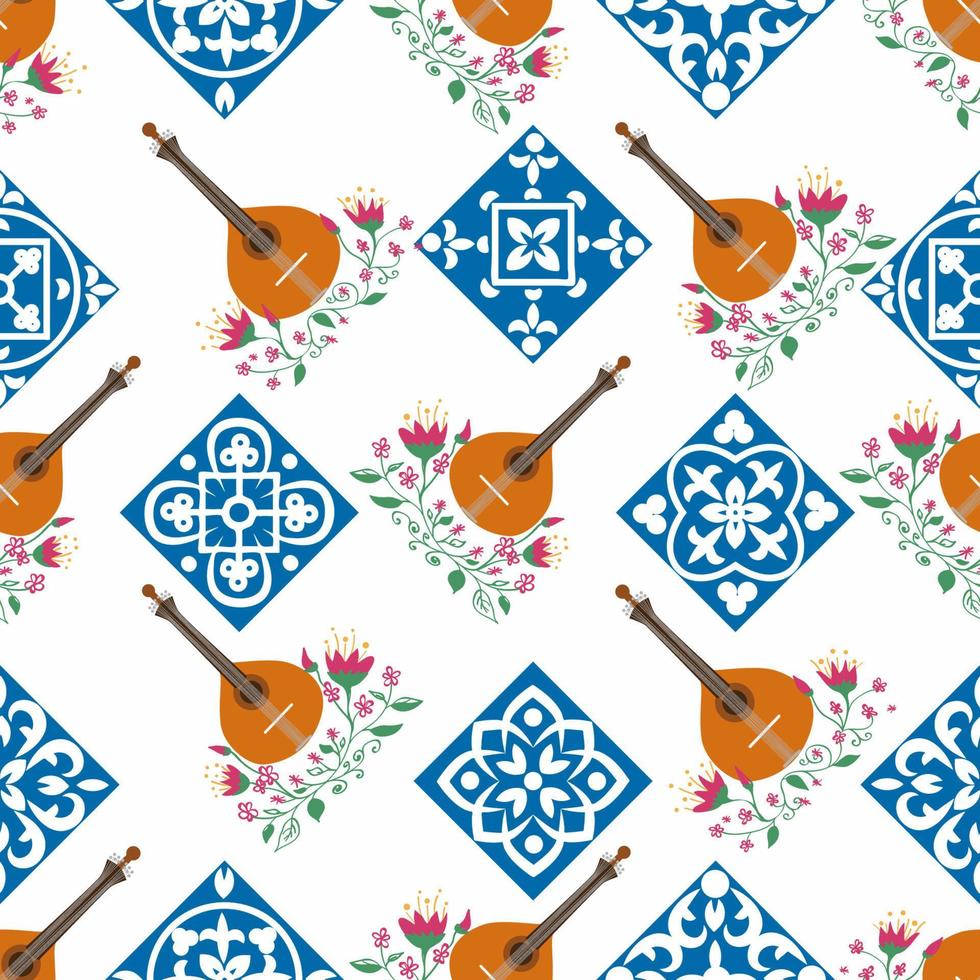 Portugees gitaar naadloos patroon met bloemen, typisch azulejo tegels. muziek- tradities vector