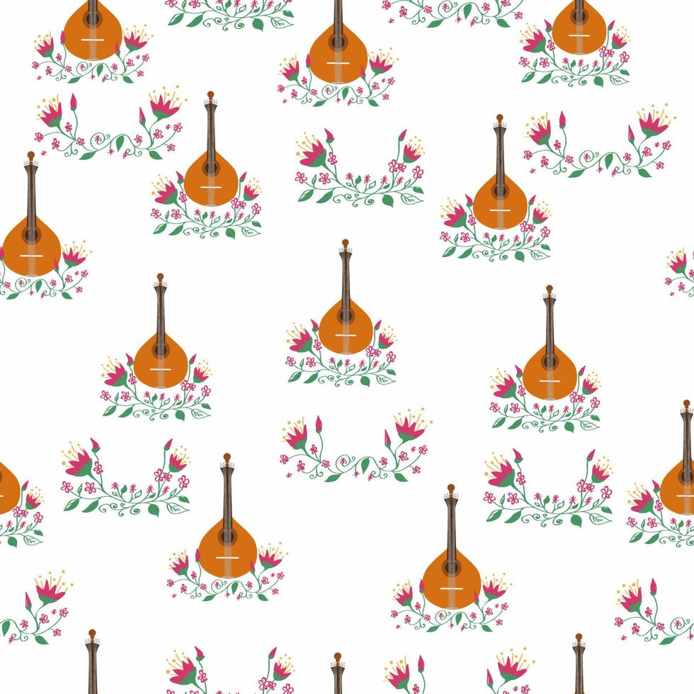 Portugees gitaar naadloos patroon met bloemen, typisch azulejo tegels. muziek- en musical tradities vector