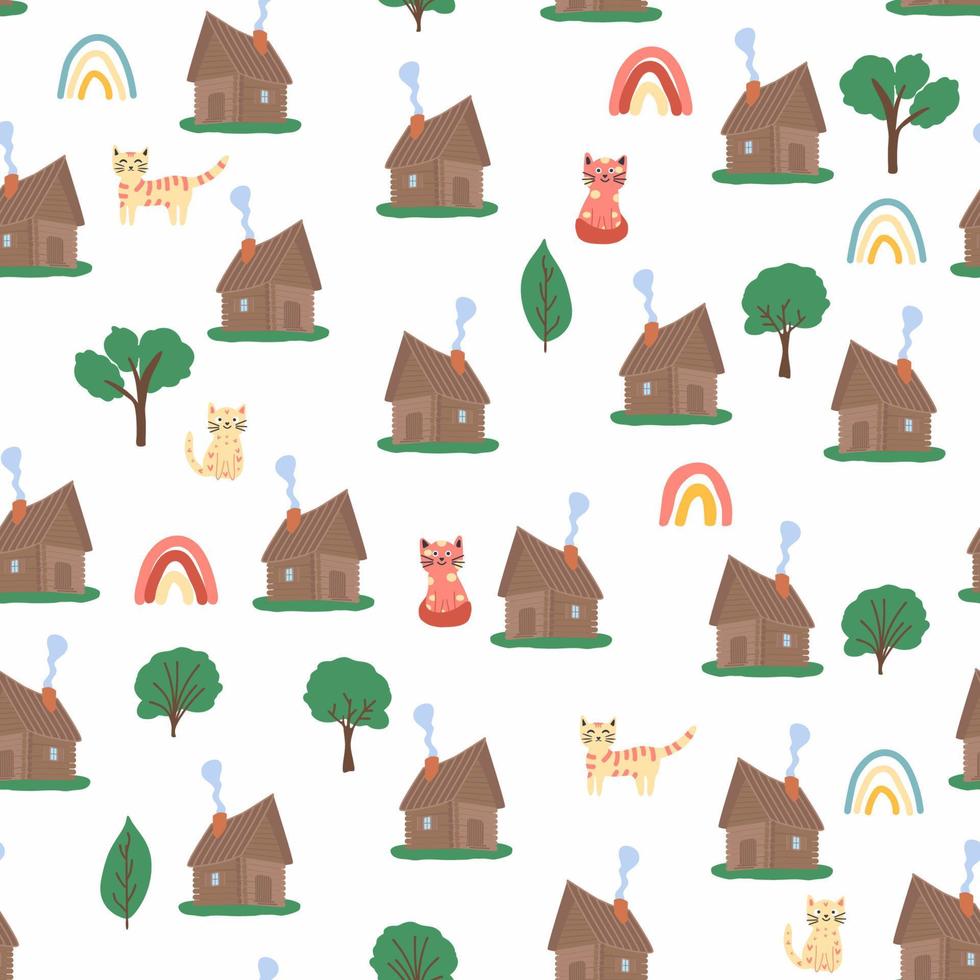 houten huis in de Woud naadloos patroon. tafereel met bladverliezend bomen, Spar bomen en een Russisch hut vector