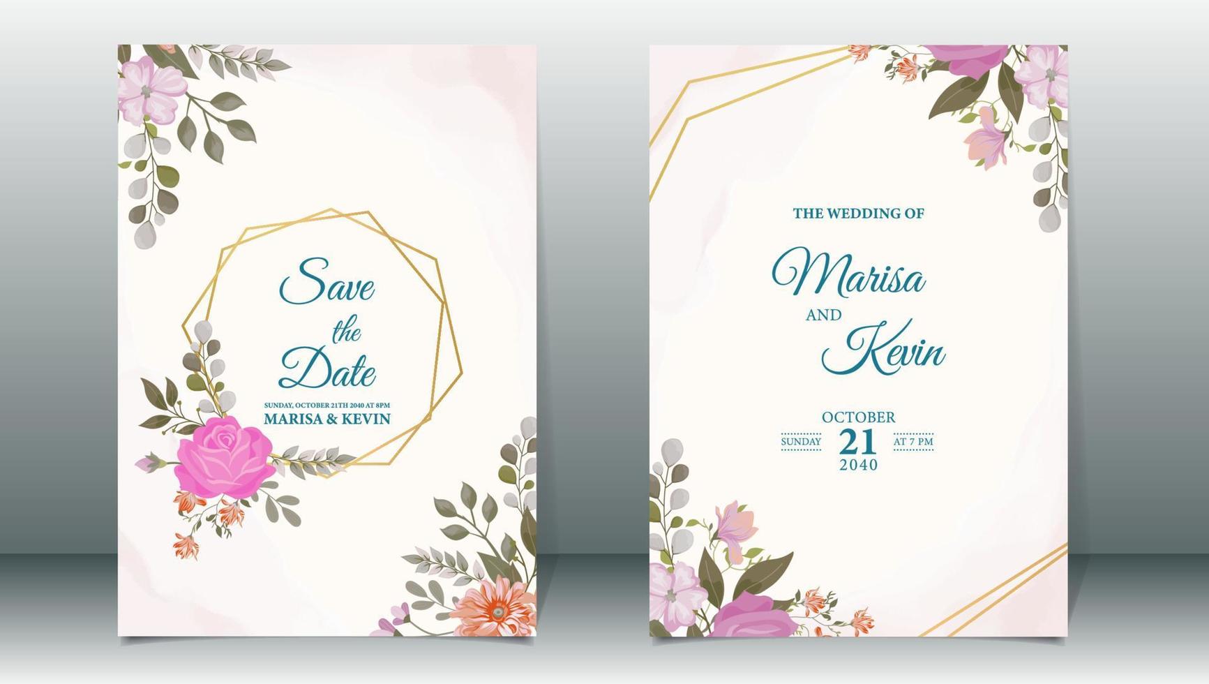 elegant bloemen bruiloft uitnodiging sjabloon met waterverf achtergrond vector