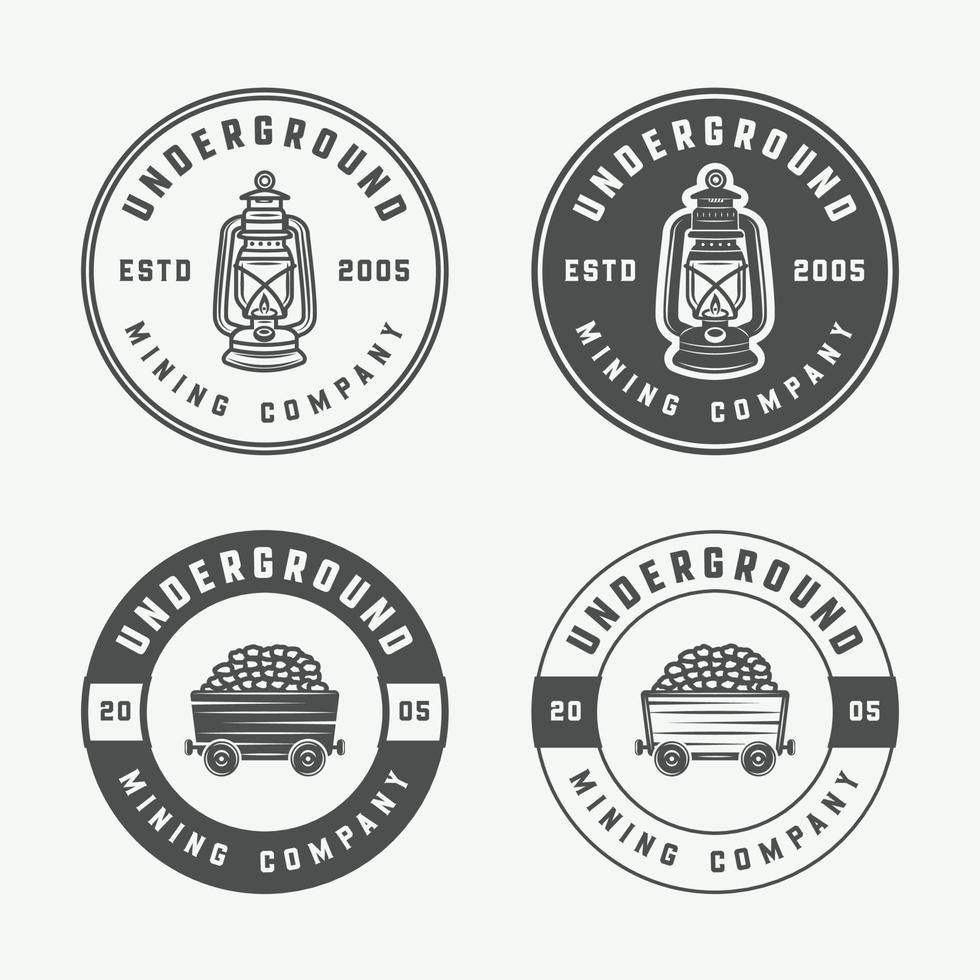 reeks van retro mijnbouw of bouw logo badges en etiketten in wijnoogst stijl. monochroom grafisch kunst. vector illustratie.