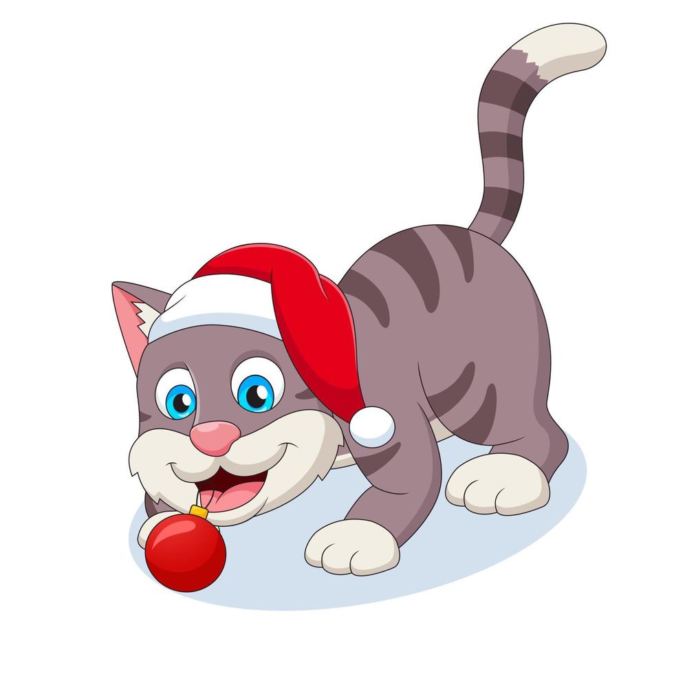 schattig kat tekenfilm is spelen rood Kerstmis bal. vector illustratie