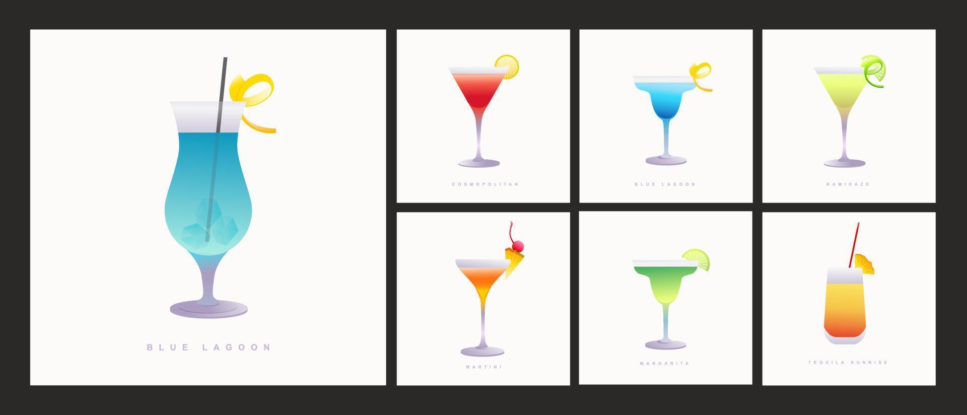 verzameling van populair cocktails voor de menu. vakantie club partij zomer cocktails gemengd bril. vector