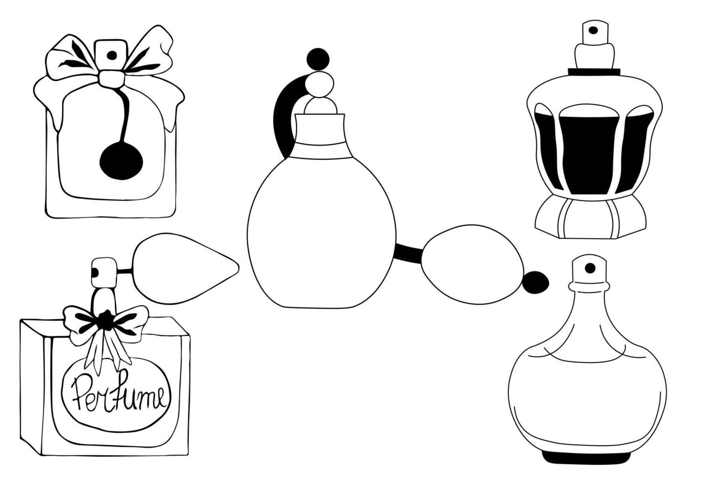 set van verschillende parfumflesjes in de stijl van doodles, met de hand getekend in inkt op een witte achtergrond. cosmetica, parfums, mode. vector