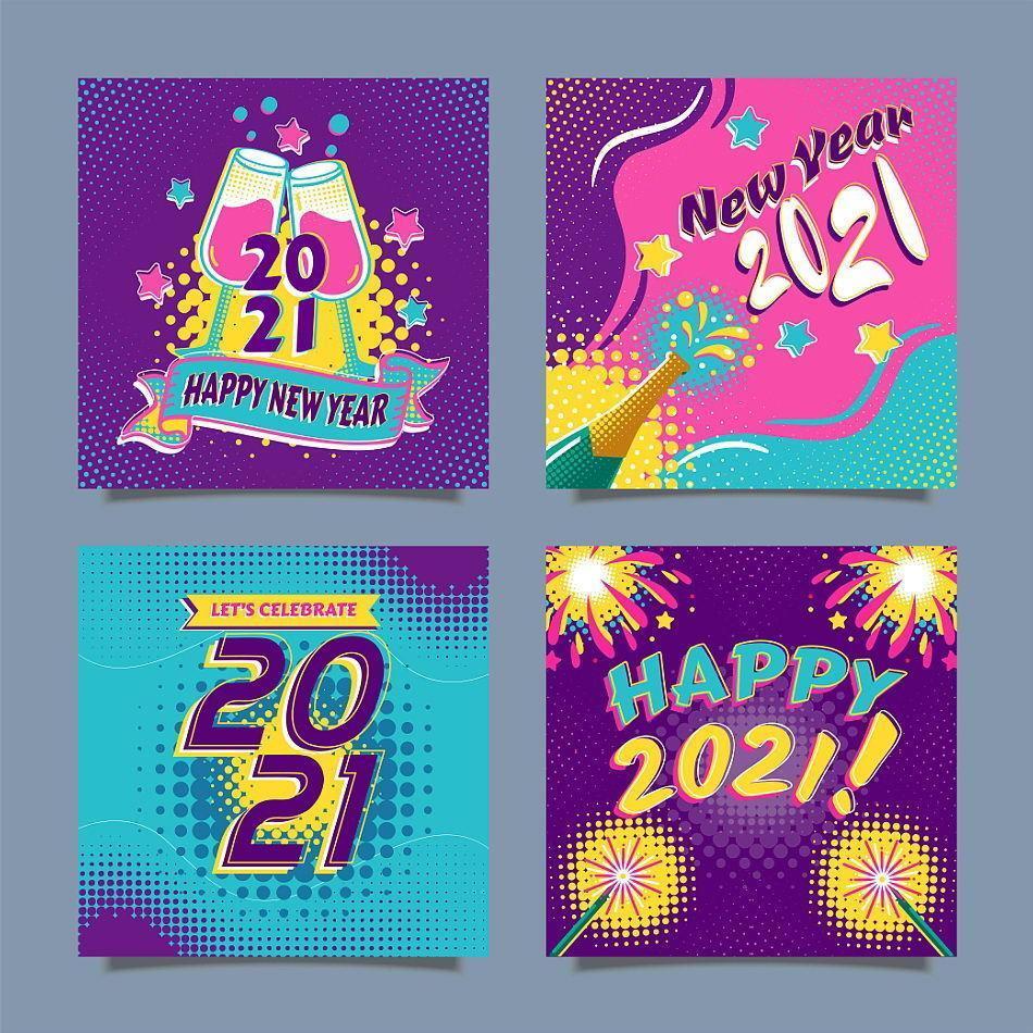 gelukkig nieuwjaar 2021 kleurrijke pop-art wenskaarten vector