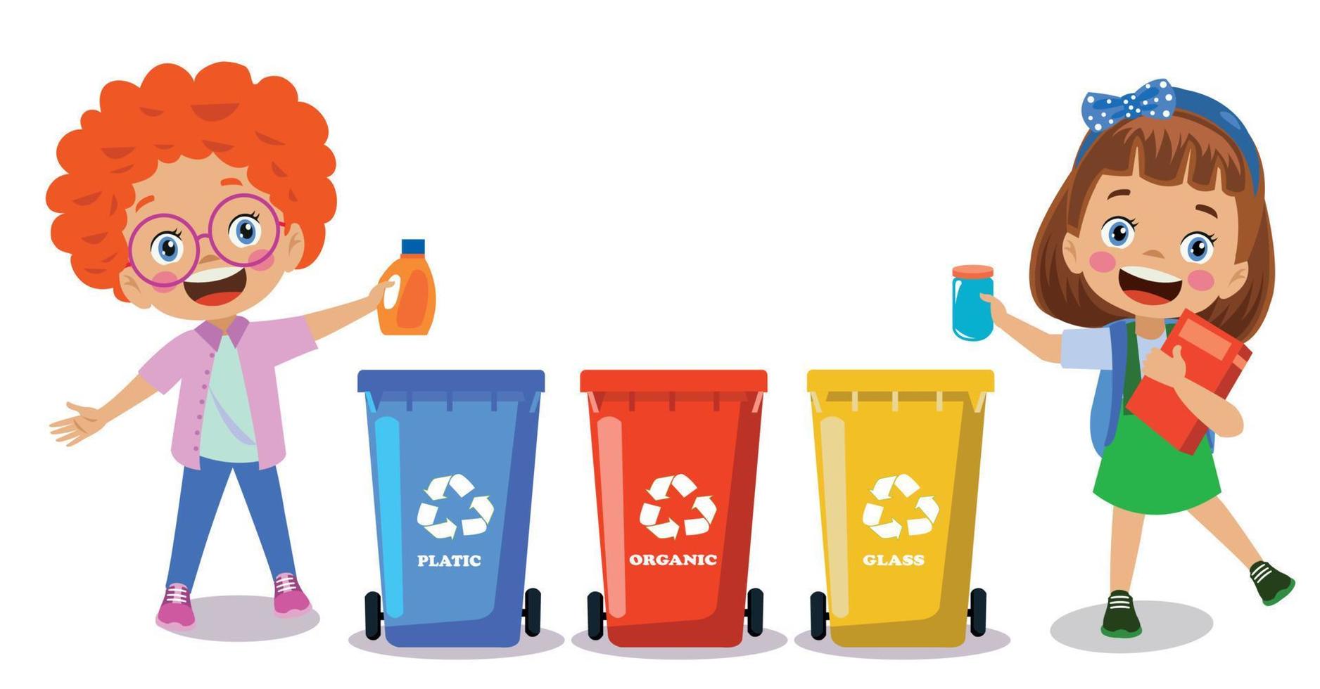 schattig jongen het werpen uitschot in recycle bak vector