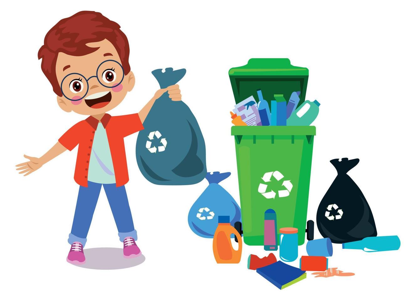 schattig jongen het werpen uitschot in recycle bak vector