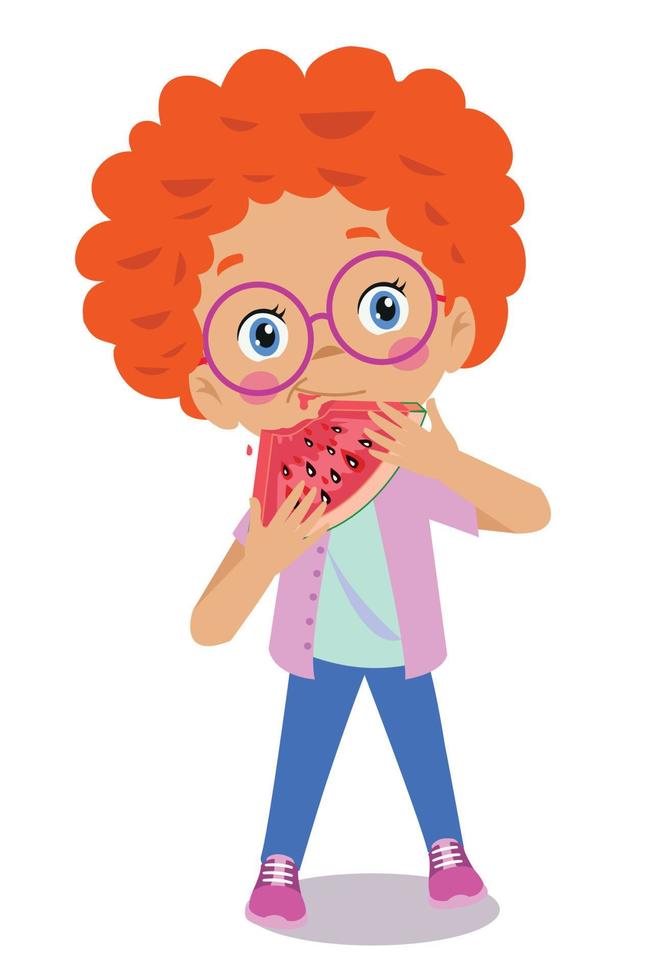 schattig gelukkig jongen aan het eten watermeloen vector