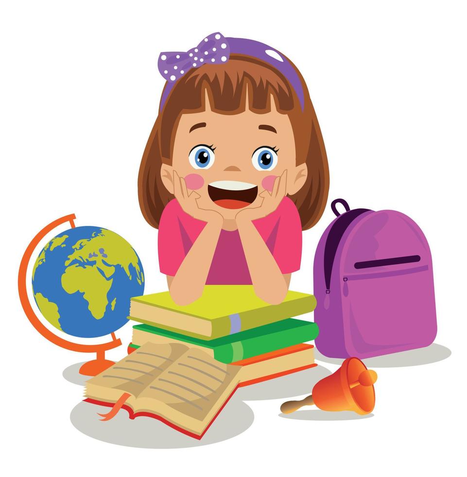 schattig jongen wereld kaart met boeken en school- klok vector