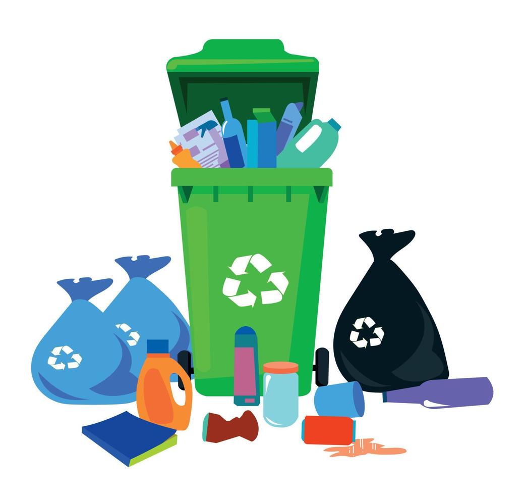 schattig jongen het werpen uitschot in recycle bak vector