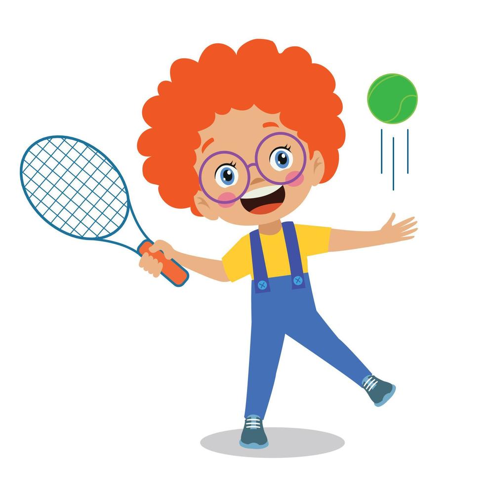 schattig gelukkig jongen spelen tennis vector