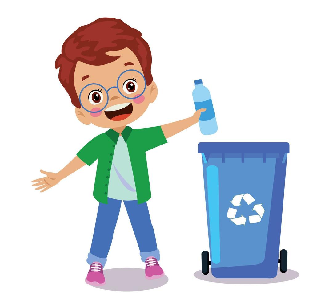 schattig jongen het werpen uitschot in recycle bak vector