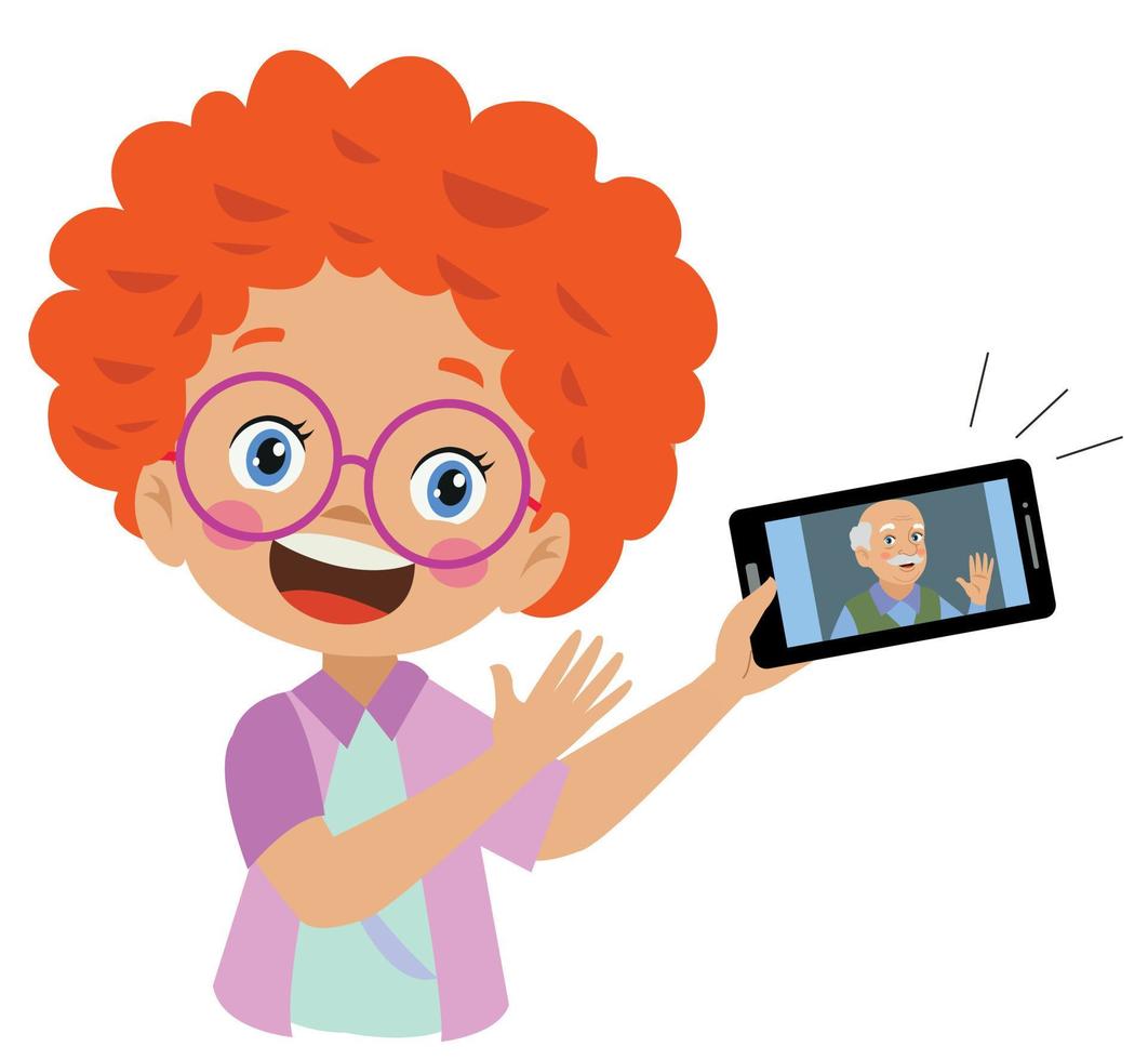 video conferentie. schattig weinig kind gebruik makend van tablet voor video telefoontje met vriend. kinderen gelukkig glimlach gebruik makend van internet technologie voor praten. meisje gezicht Aan scherm. vector tekenfilm illustratie voor telefoontje