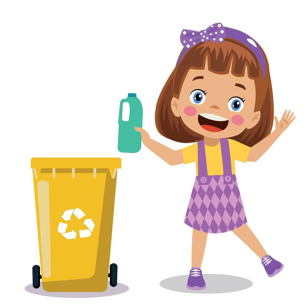 schattig jongen het werpen uitschot in recycle bak vector