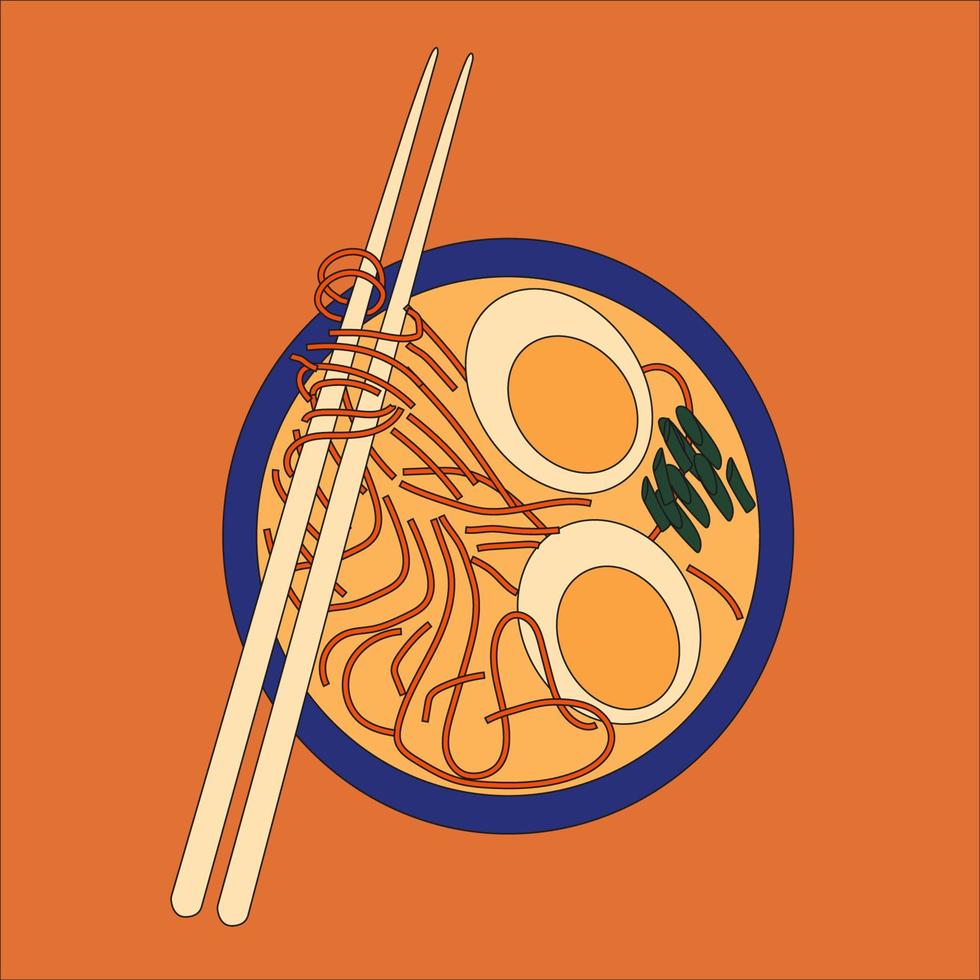 kom noedels en eetstokjes. ramen. Aziatisch voedsel. Chinese, koreaans, Japans keuken. . hand- getrokken vector illustratie.