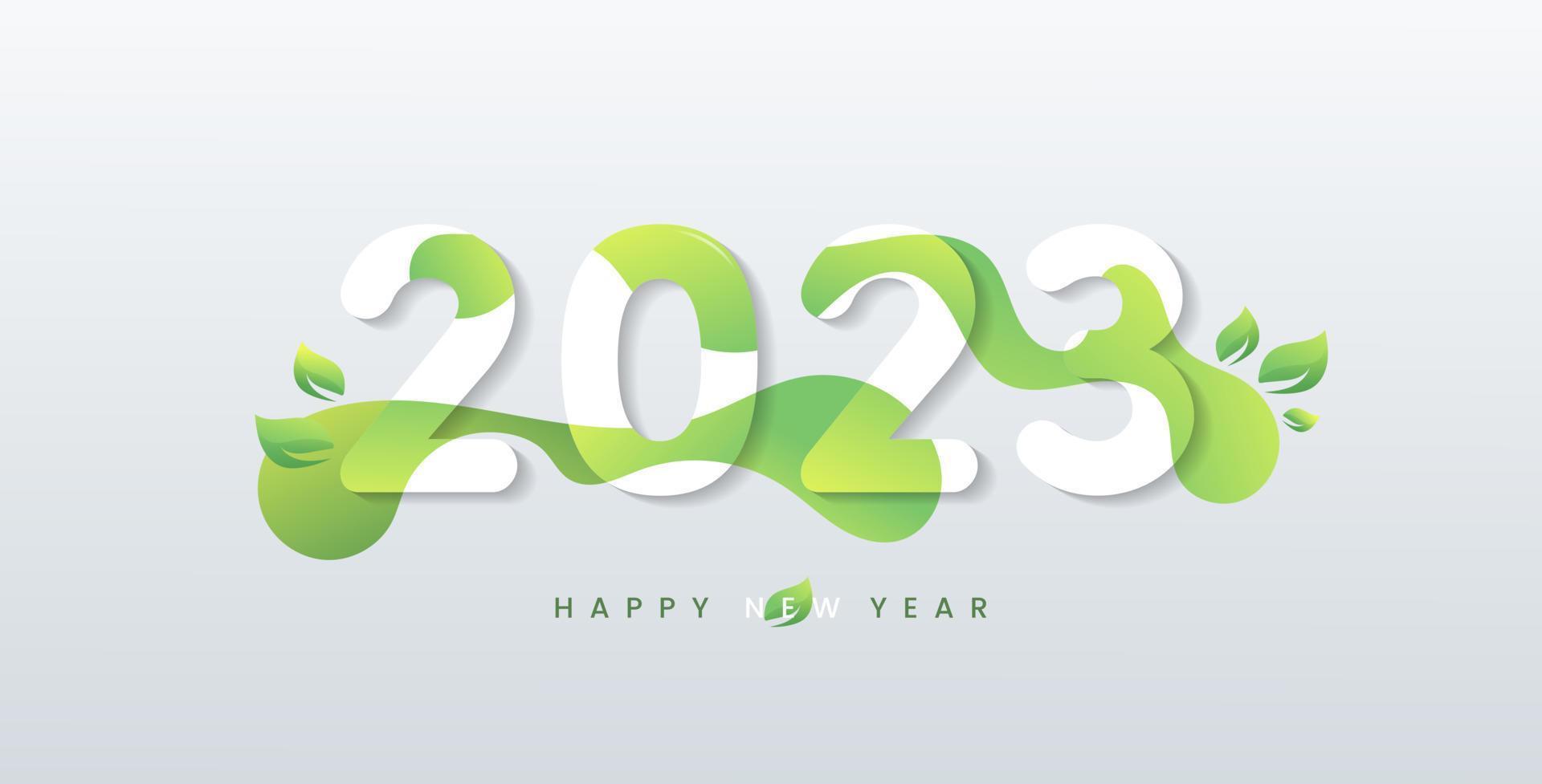 gelukkig 2023 nieuw jaar met natuurlijk groen bladeren spandoek. groeten en uitnodigingen, nieuw jaar Kerstmis vriendelijk themed Gefeliciteerd, kaarten en natuurlijk achtergrond. vector illustratie