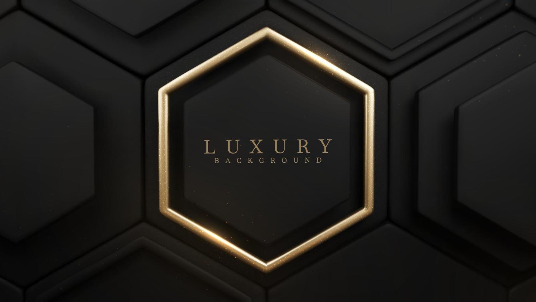 luxe zwart achtergrond met goud zeshoek kader en meetkundig vorm elementen met schitteren licht effect decoraties. realistisch 3d stijl ontwerp. vector illustratie.
