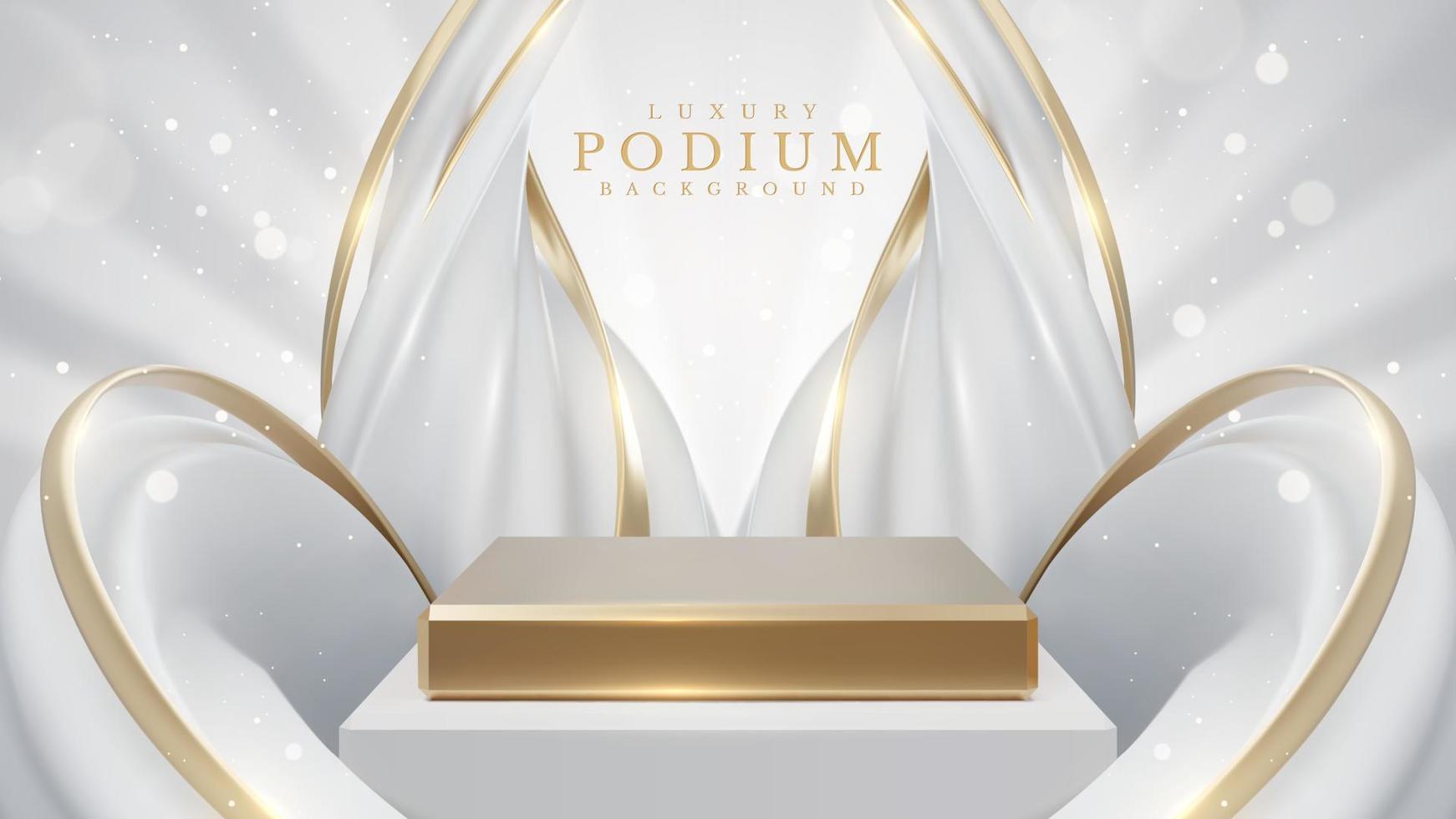 Product Scherm podium met wit vloeistof element met gouden kromme lijnen decoratie en schitteren licht effect. realistisch luxe stijl ontwerp. vector illustratie.