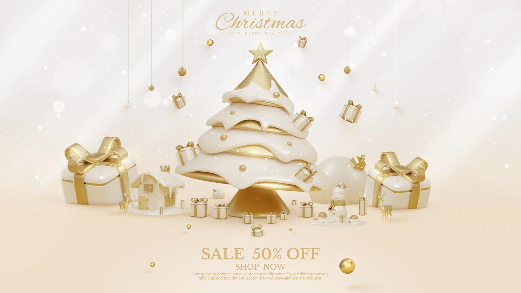 luxe banier achtergrond met 3d realistisch Kerstmis ornamenten met sneeuw elementen en schitteren licht effect decoraties en bokeh. vector illustratie.